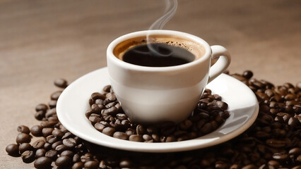 cup of steaming coffee and coffee beans