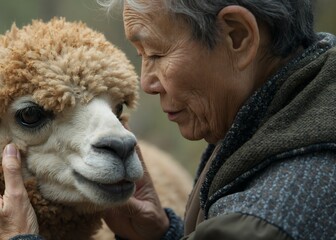 Cute animal wallpaper collection, Gentle wisdom, Elderly Asian woman and alpaca share intimate moment, bridging generations through animal connection