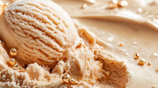   Golden scoop of ice cream atop a tablespoon