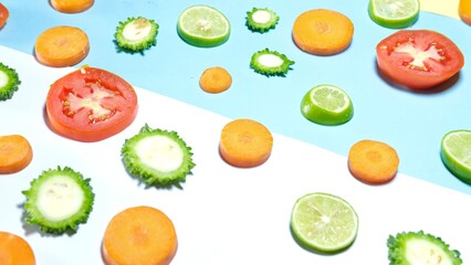 Fresh organic healthy fruits and vegetables decorated on colourful background