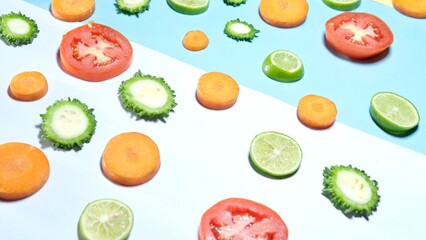 Fresh organic healthy fruits and vegetables decorated on colourful background