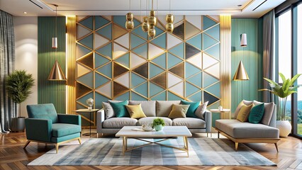 Vibrant abstract geometric pattern adorned with gold accents adds a touch of modern sophistication to a spacious living room with clean lines and minimal decor.
