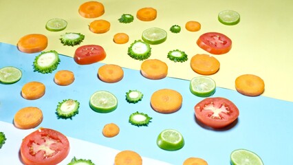 Fresh organic healthy fruits and vegetables decorated on colourful background