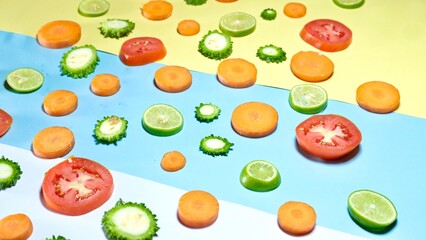 Fresh organic healthy fruits and vegetables decorated on colourful background
