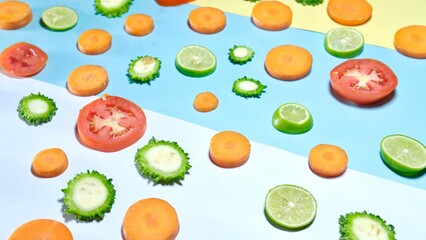 Fresh organic healthy fruits and vegetables decorated on colourful background