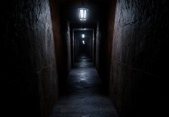 Mysterious dark hallway with eerie lighting