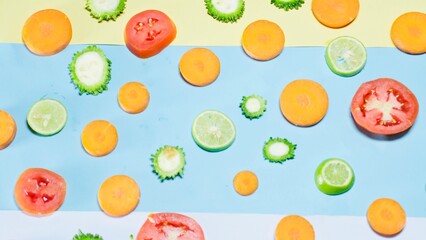 Fresh organic healthy fruits and vegetables decorated on colourful background