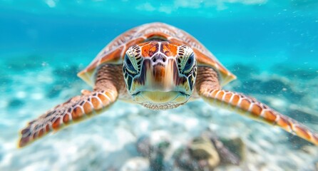 Curious sea turtle swimming in clear blue waters