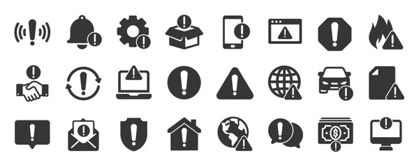 Alert glyph solid icons collection. Containing content exclamation, error, caution, notification. Minimal icon and symbol series vector illustration
