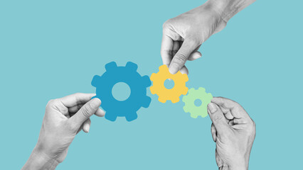 Teamwork and effective project management concept. Collage with hands with gears as Team building process