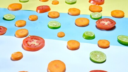 Fresh organic healthy fruits and vegetables decorated on colourful background