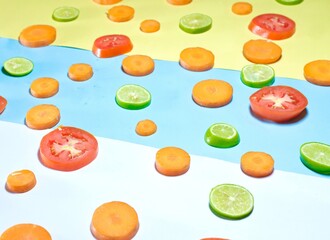 Fresh organic healthy fruits and vegetables decorated on colourful background 