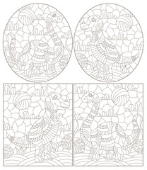 Obraz premium A set of contour illustrations in the style of stained glass with cute dinosaurs, dark contours on a white background