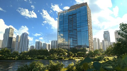 Obraz premium A modern skyscraper stands tall among a lush park in a bustling city with a blue sky and puffy white clouds.