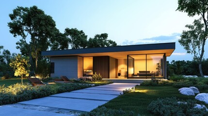 Naklejka premium A modern, concrete house with large windows, illuminated at night with a path leading to the front door.