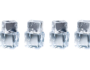 four ice cubes in a row on a white isolated background. Generative AI.