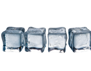 four ice cubes in a row on a white isolated background. Generative AI.