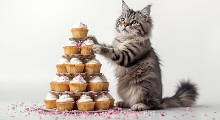 Cute animal wallpaper collection, Feline pastry chef, Playful cat arranges towering cupcake display, blending sweetness with animal antics