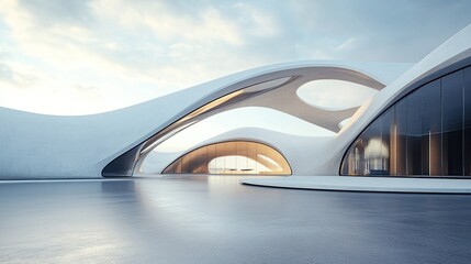 Obraz premium A modern, minimalist building with a unique curved design and large windows.