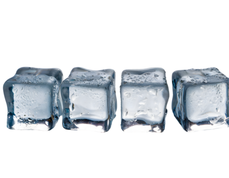 four ice cubes in a row on a white isolated background. Generative AI.