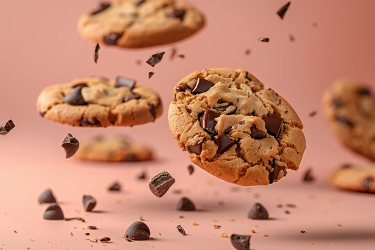 Close up of chocolate oatmeal cookies levitating on pastel background , created ai