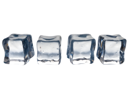 four ice cubes in a row on a white isolated background. Generative AI.