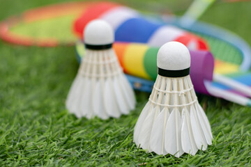 White cream shuttlecock, badminton sport equipment, places on green grass in front of Thailand national flag and rainbow flag, concept for badminton sport for all genders and lgbtq+ people.