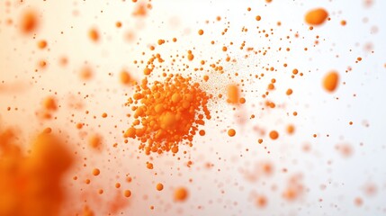 Orange powder ball particles floating in the air on a white background.