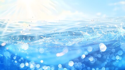Transparent blue clear water surface texture with ripples, splashes and bubbles. Abstract summer banner background Water waves in sunlight with copy space Cosmetic moisturizer micellar toner emulsion.