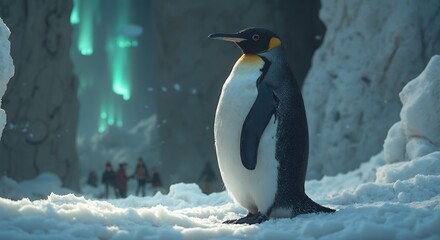 Cute animal wallpaper collection, Antarctic guardian: Majestic Emperor penguin standing tall in a snowy, ethereal landscape with Aurora Borealis