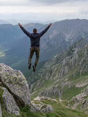 Fototapeta premium person jumping on top of mountain