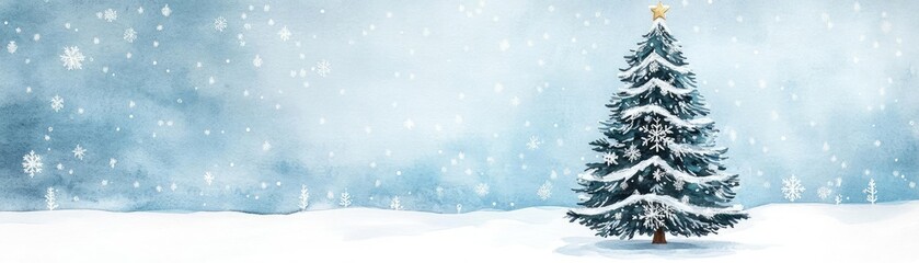 Fototapeta premium Festive Christmas tree, snowy landscape, joyful cheer, intricate snowflakes, Watercolor style
