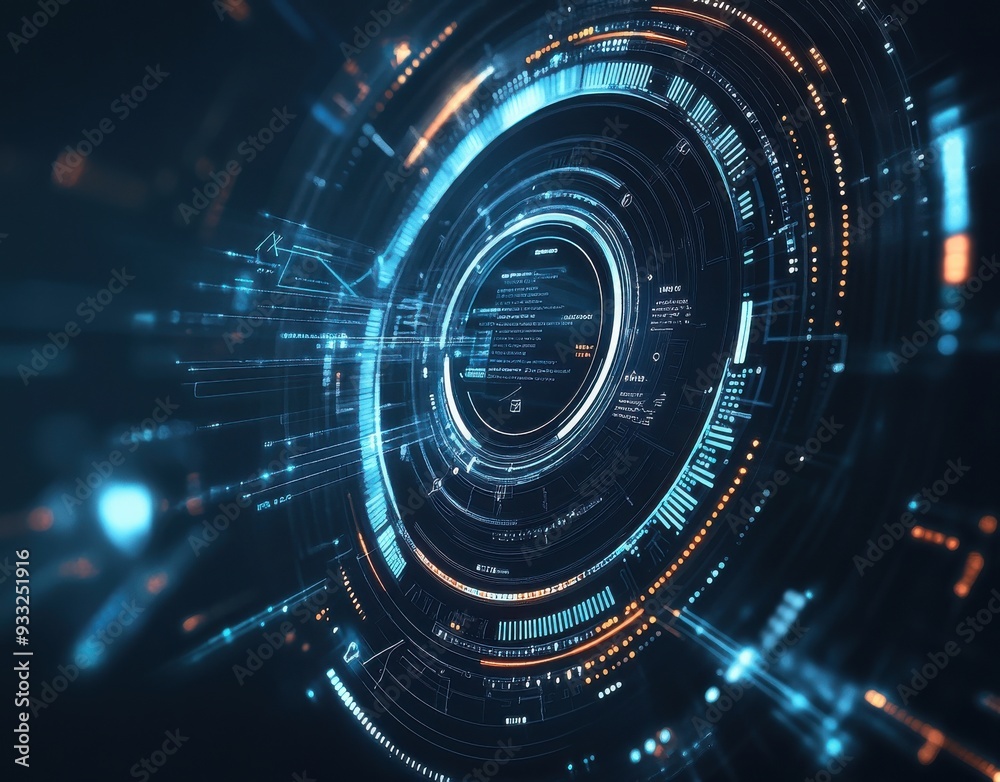 Poster futuristic high-tech digital interface with glowing cyber elements and abstract design in a circular