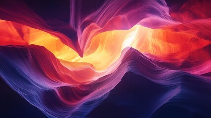Obraz premium A colorful, abstract painting of a mountain range with a red and yellow line running through it. The painting has a dreamy. Generative AI
