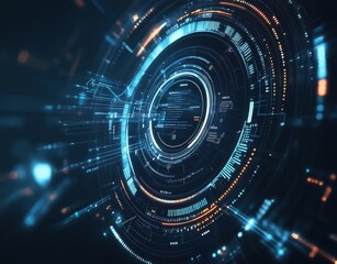 Fototapeta premium Futuristic high-tech digital interface with glowing cyber elements and abstract design in a circular pattern, ideal for technology and innovation themes