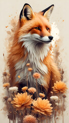 Fototapeta premium A majestic red fox with soft fur, surrounded by vibrant orange and white flowers