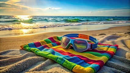 A colorful beach towel and a kid's swim goggles lie abandoned on the sand, telling a story of a fun-filled day by the ocean.