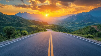 Highway road with beautiful mountain landscape at sunset, golden hour light. Generative AI