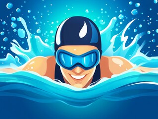 Dynamic illustration of a swimmer with goggles in the water, exhibiting energy and motion in a vibrant blue aquatic environment.