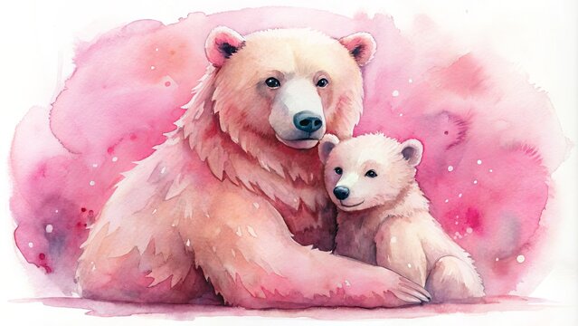A watercolor autism momma bear, soft and loving, with a gentle touch and expressive eyes, embracing her little one in pink with unwavering support.