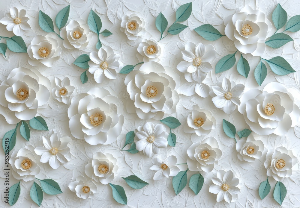 Wall mural elegant white paper flowers with green leaves