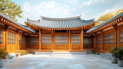 A large courtyard with a wooden roof and a stone floor. The courtyard is empty and the sky is blue. Generative AI