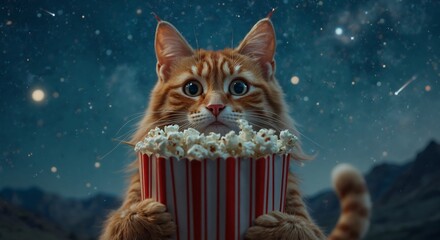 Cute animal wallpaper collection, Movie night cat, Whimsical scene of feline enjoying popcorn and starry sky