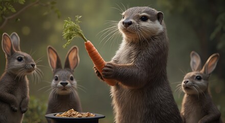Fototapeta premium Cute animal wallpaper collection, Unlikely duo, Whimsical scene of otter sharing carrot with rabbit friend