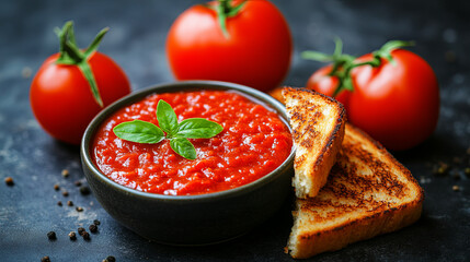Fresh tomatoes and crusty bread served with a vibrant homemade tomato sauce on a dark countertop