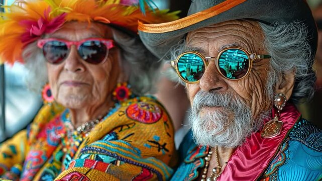 An eccentric and humorous elderly couple dressed in vibrant party wear. Concept of a contented senior living
