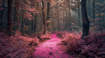 Obraz premium Peaceful Forest with Pink Path, Symbol of Hope and Survival 