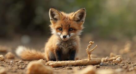 Fototapeta premium Cute animal wallpaper collection, Curious fox kit, Adorable young fox explores forest floor with wide eyed wonder
