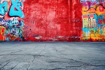 Fototapeta premium Vibrant graffiti on a red brick wall with a cracked asphalt ground, showcasing street art and urban expression in a colorful setting.