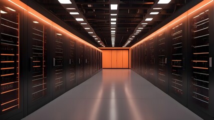 Obraz premium Image created by generative AI showing the interior of a data center server room at night, lit by orange lights and featuring rows of black cabinets that shield servers and show data amounts. 